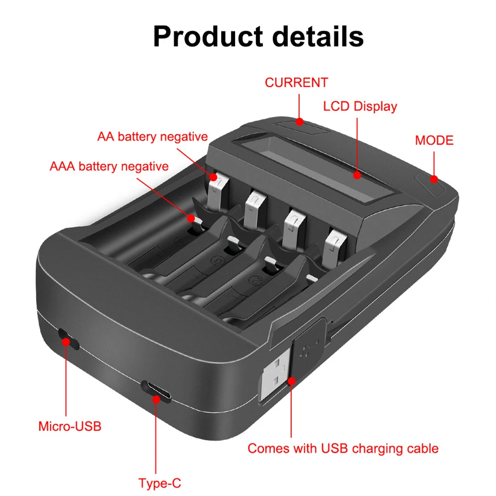 

4 Slots LCD Display Smart USB Adapter High Capacity Black Rechargeable Discharge Refresh Function with for AA