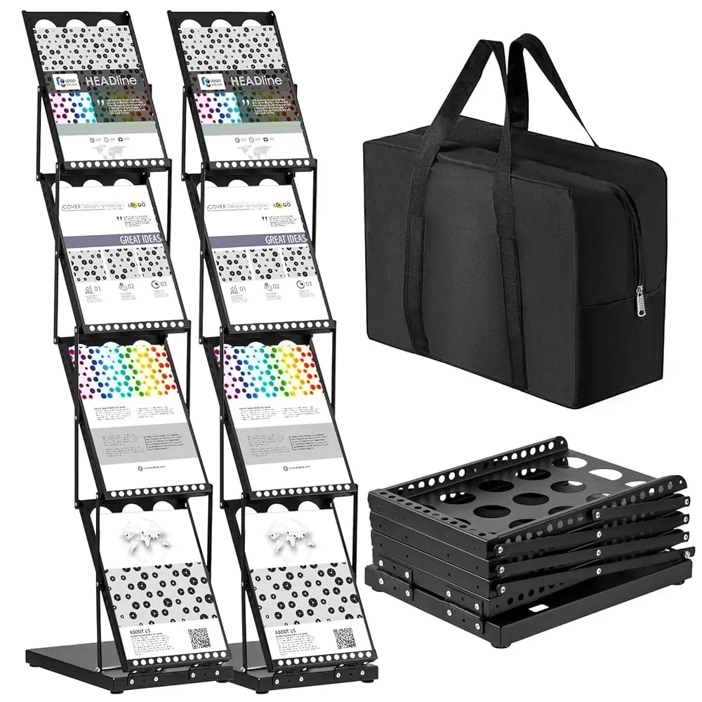 

2 Pieces Foldable Magazine Ra Metal Catalog Literature Ra Portable 4 Pockets With Carrying Bag Brochure Stand Literature