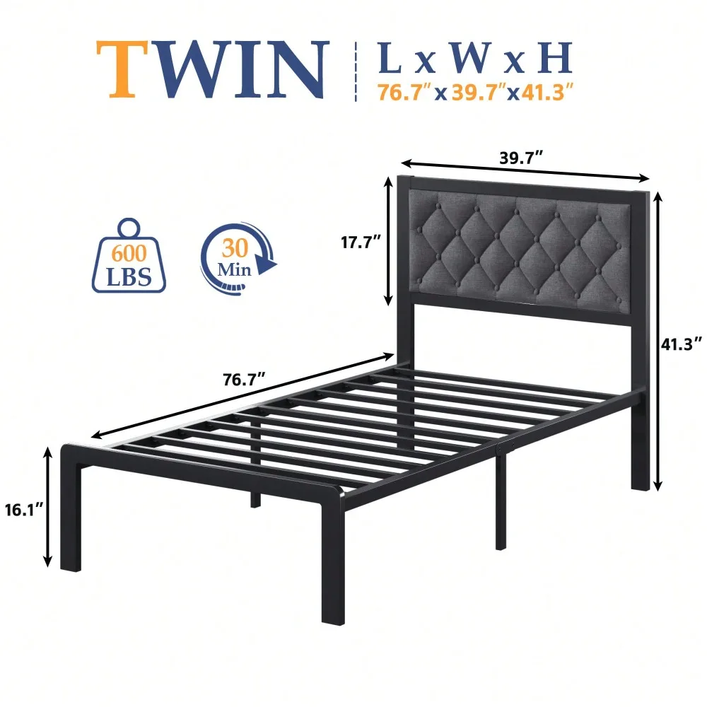 

Twin Bed Frame With Tufted Headboard Metal Platform Bed Frame With Under-Bed Storage,Metal Support System,No Box Spring Needed
