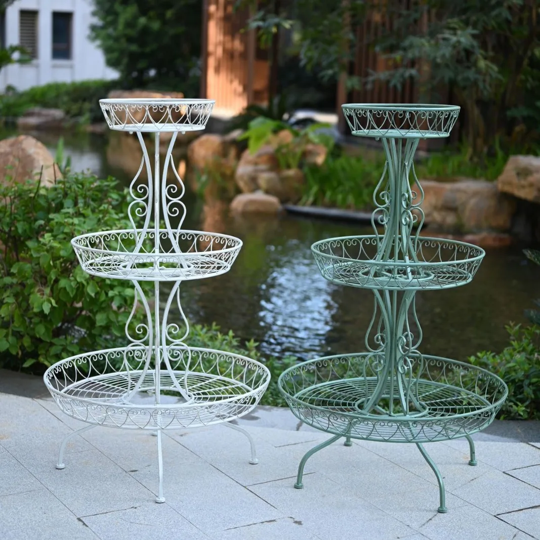 American country wrought iron disc three-layer retro large flower stand outdoor garden plant potted balcony multi-layer shelf