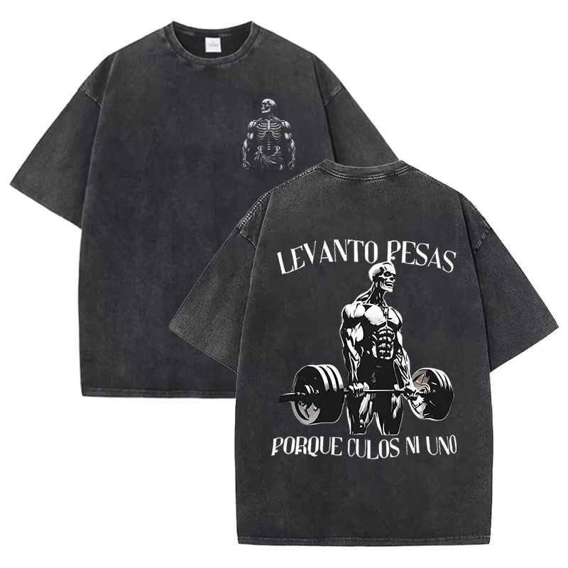 

Washed Funny Skull Gym Print 100% Cotton Men Woment T-shirt Summer Autumn Daily Outdoor Sports Casual Loose Street Short Sleeve