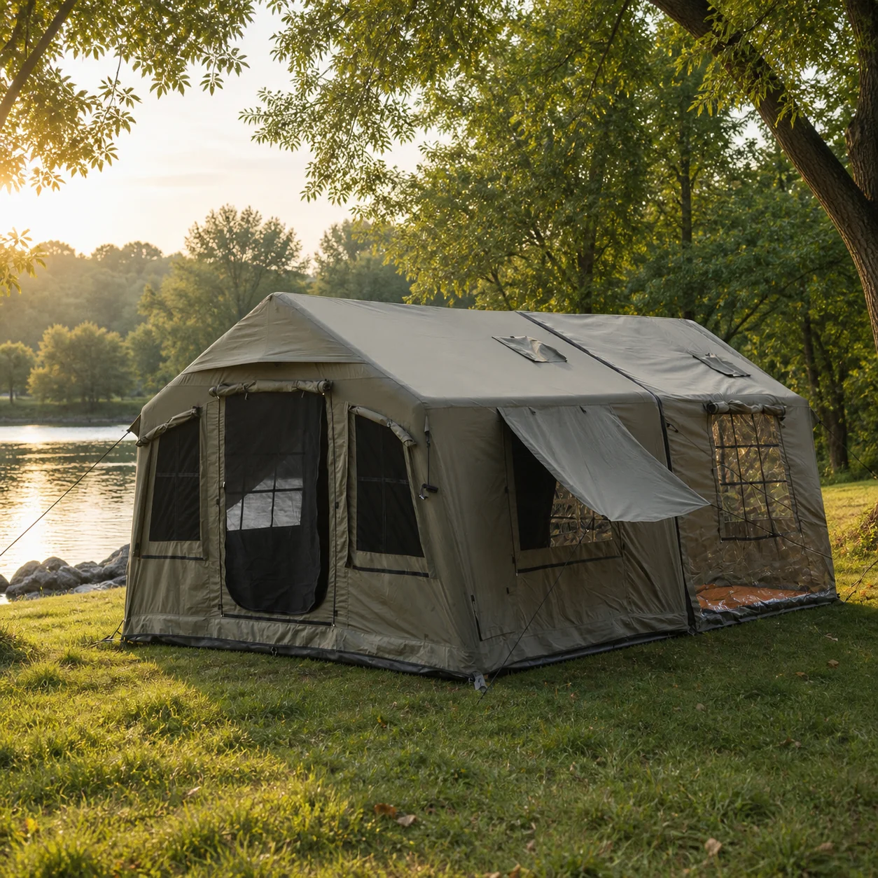 Large 16sqm Modular Inflatable Camping Tent Cotton Canvas Waterproof Air Column Detachable Extension TPU Door
