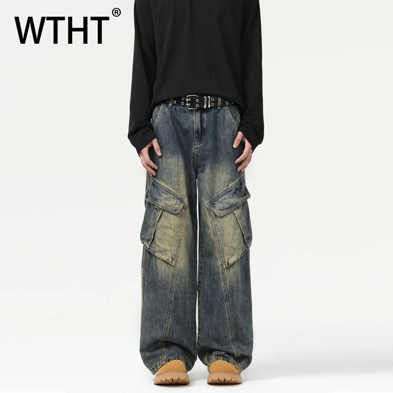 

WTHT Fashion Men's Spliced Pocket Do Old Contrast Color Denim Pants Vintage Wide Leg Loose Straight Jean Male 2025 Autumn 2A2330