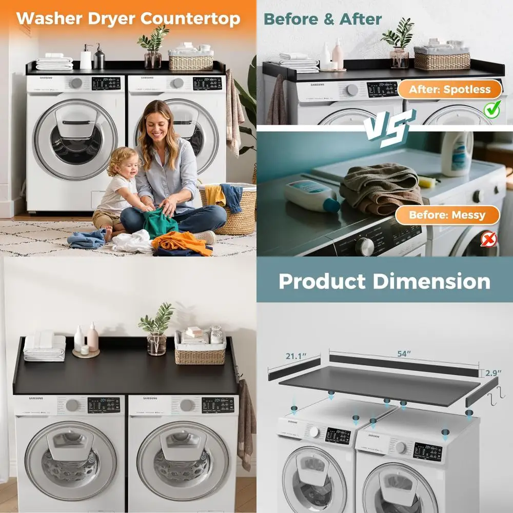 

Laundry Room Organizer: 27.5 x 54 Black Wood Countertop with Edge Rails for Washer & Dryer