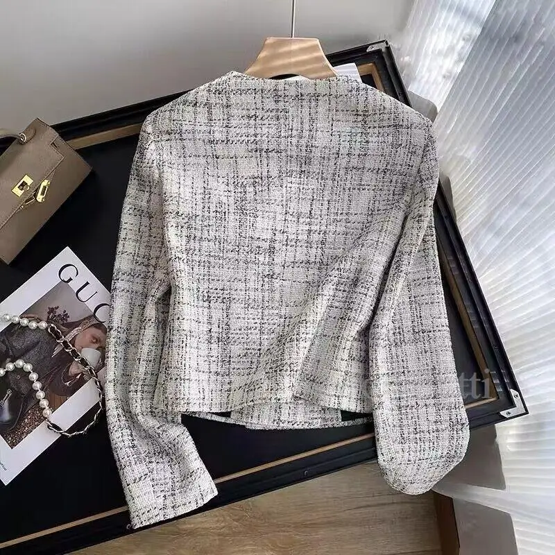 Donegirl 2023 New Women Plaid Texture Double-breasted Button Short Jacket Coat Spring Autumn Slim Simple Tops Female Chic