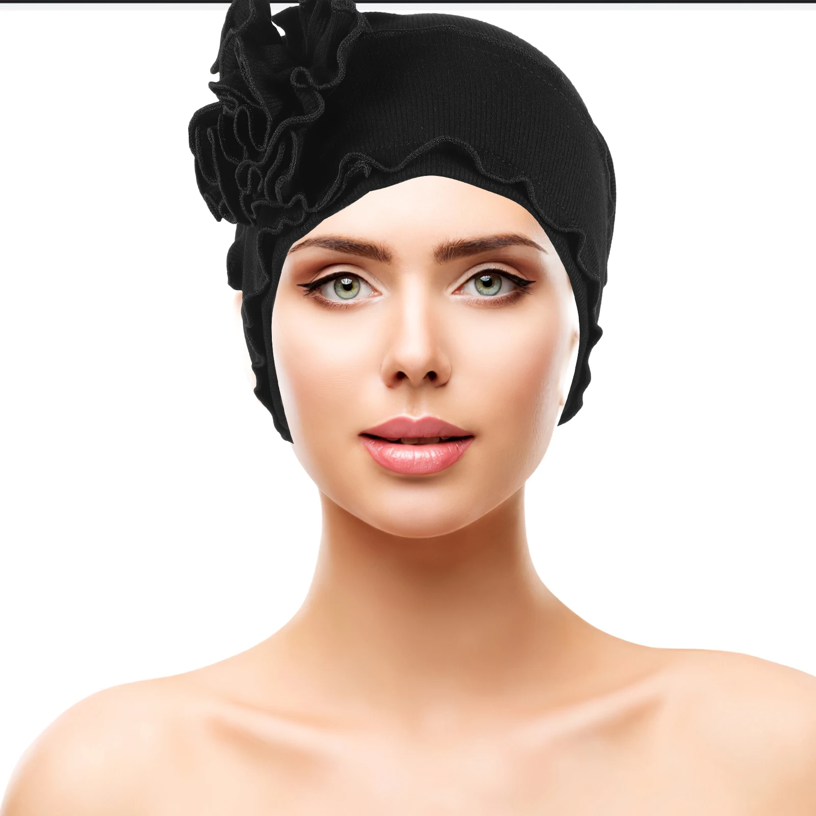 

Big Flower Headdress Hat Turban Beanie Black Color Soft Material Chemotherapy Hair Loss Headwear Practical Size Long