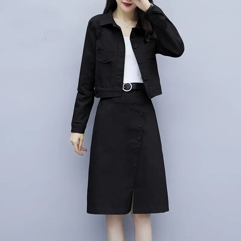 Fashion Slim Spring Skirt 2 Piece Set Casual Short Jacket + Vintage Split Belt Midi Straight Faldas Ensembles Korean Conjuntos