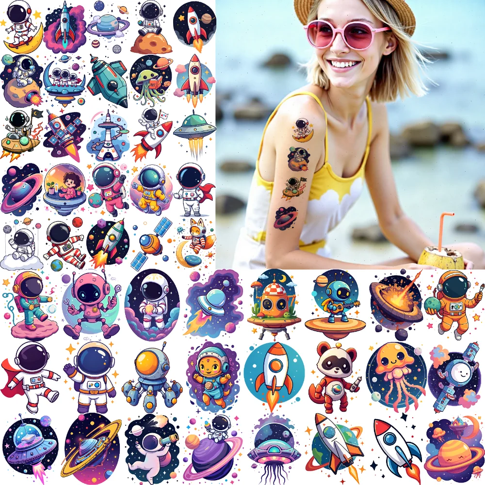

54 шт., временные татуировки, космические наклейки, водонепроницаемые долговечные наклейки для тела, наклейки с галактикой, мультяшные наклейки для плеч