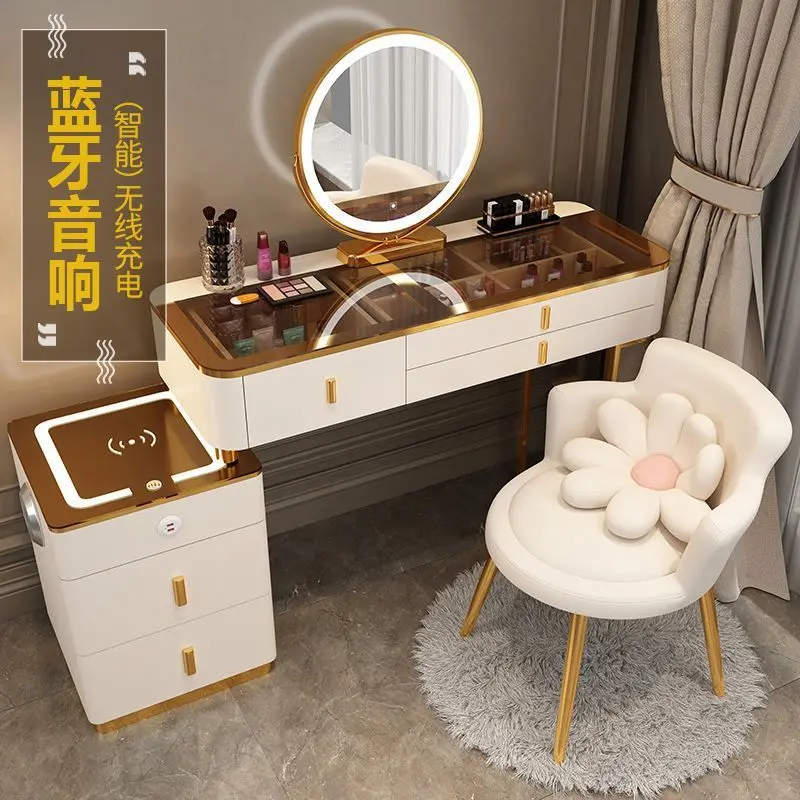 Modern Lighted Adjustable Extendable Massage Panel Bedroom Vanity Makeup Dresser Mirror Dressing Table Wall Mount MDF Glass Top