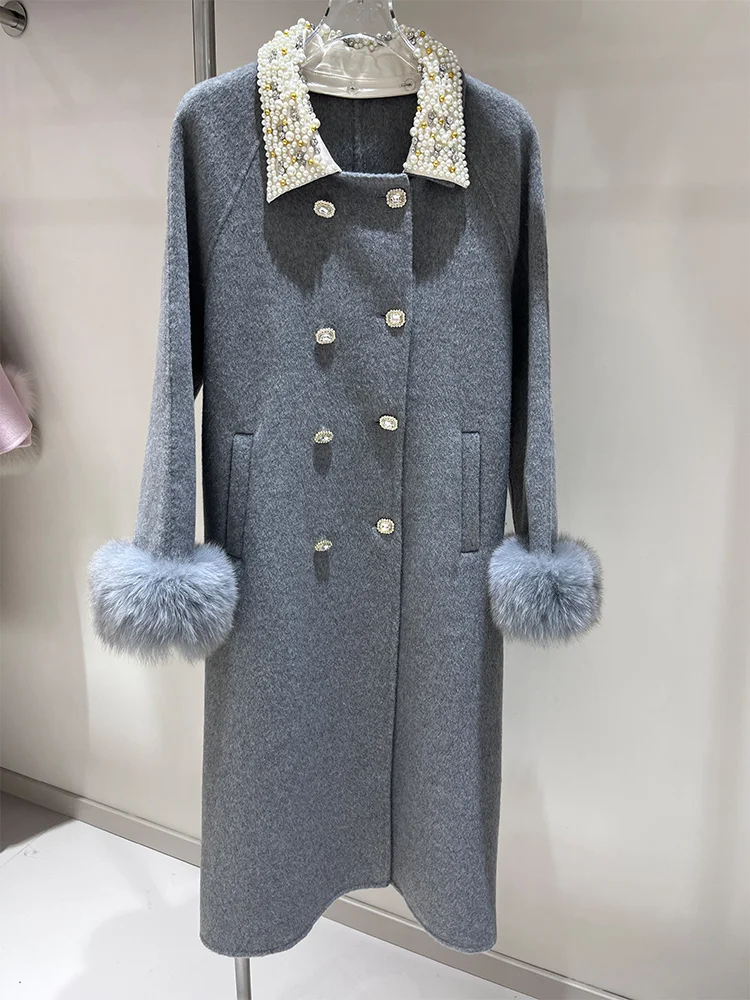 New Fashion Winter Women's Real Natural Fox Fur  Wool Coat Warm Jacket Fox Fur Cuffs Luxury Thick Female Coat