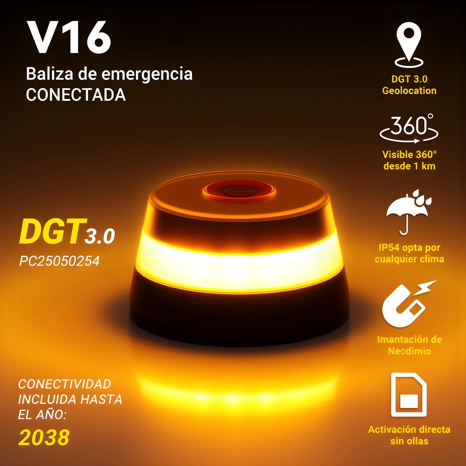 Luz de emergencia para automóvil V16, geolocación 3.0, datos SIM y pagos hasta 2038, modelo obligatorio de enero de 2026 con 360 ° Visión con baterías