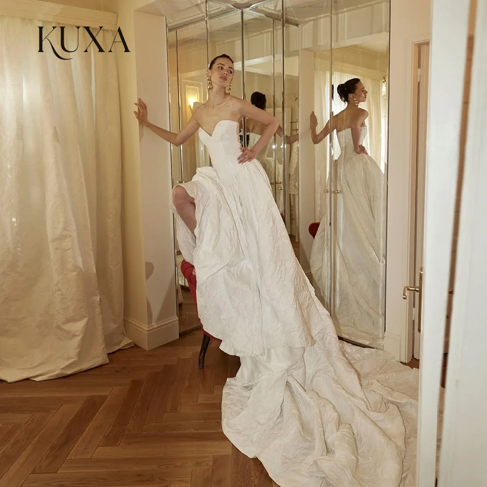 KUXA Customized Strapless Wedding Dress Sweetheart Neck Jacquard Fabric A‑Line Bridal Gown Corset Back With Long Train For Bride