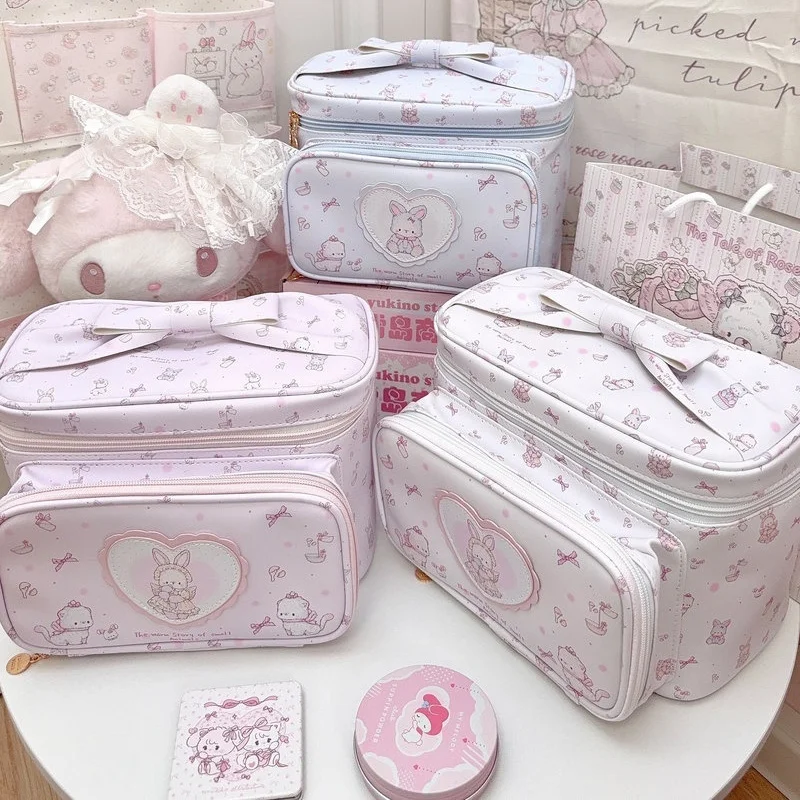 

Kawaii Cartoon Square Cosmetic Bag Large Capacity Bow Decor Makeup Storage Pouch For Travel Daily Use Women Girls Birthday Gift