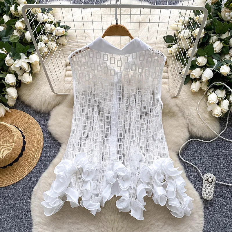 

European Style Fashionable Women's Summer Top With Unique Design, Heavy Craft, Irregular 3D Lace, Hollow Out Sleeveless Shirt