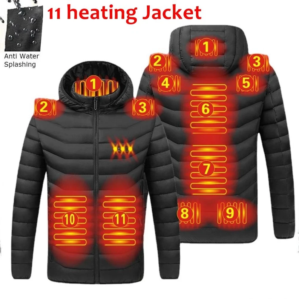 17 PCS heating Men Winter Warm USB Heating Jackets Smart Thermostat Pure Color Hooded Heated Clothing Waterproof  Warm Jackets