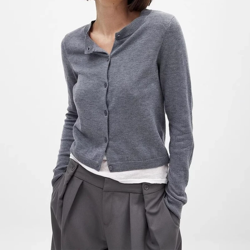 

Women's Solid Color Knit Cardigan New 2026 Spring Round Neck Thin Sweater Knit Base Layer Top Jumpers