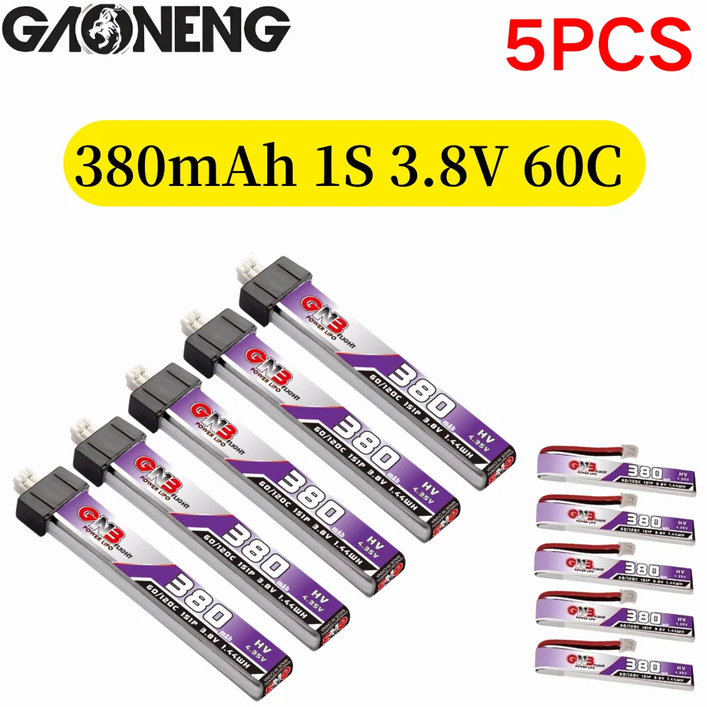 5PCS GAONENG GNB 380mAh 1S 3.8V 60C HV Lipo Battery With PH2.0 Plug For UK65 US65 Happymodel Mobula7 Snapper FPV 65S Whoop Drone