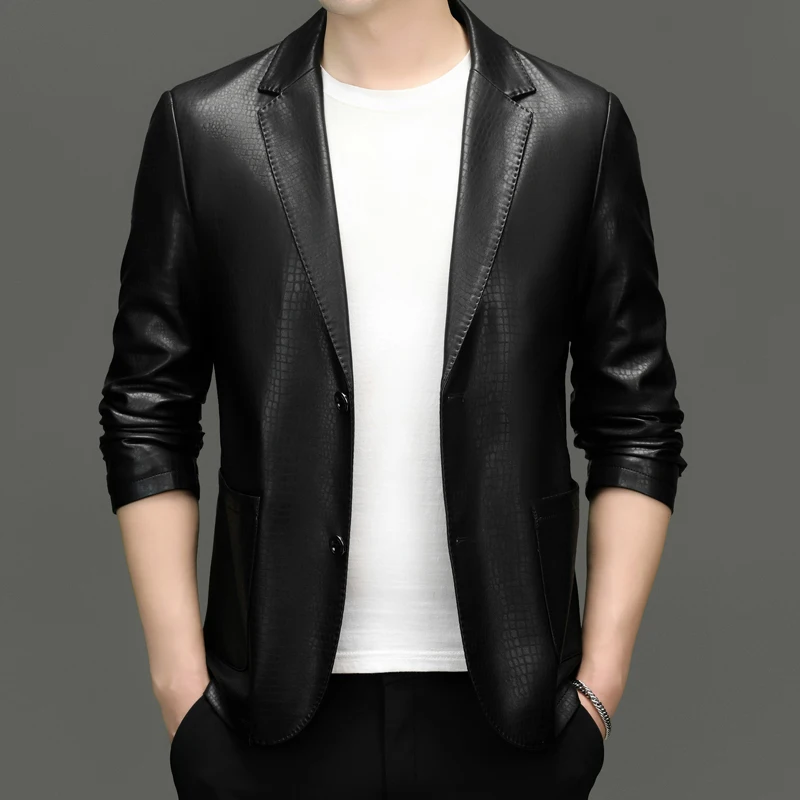 Men's Spring and Autumn Thin Soft Leather Jacket Slim Fit Crocodile Pattern Suit Men's Leather Jacket