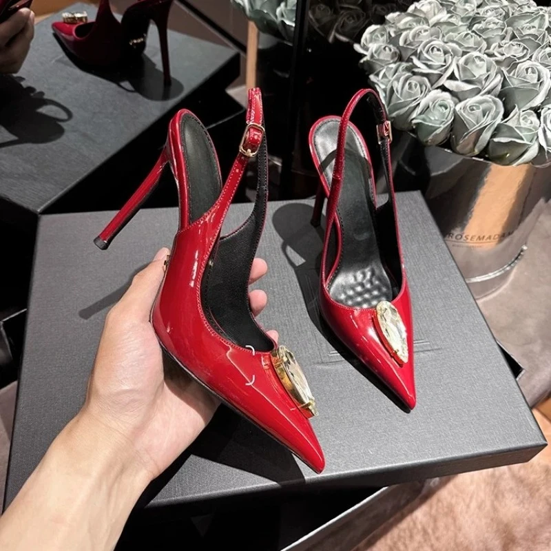 High Heels Women's 2026 New Rhinestone Thin Heel One-word Buckle Pointed Sandals Women's Summer Wedding Shoes Bride Shoes