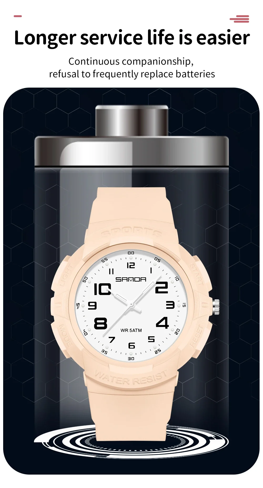 Sanda Trendy Design Soft Student Watch TPU Strap 50M Depth Waterproof Quartz Movement Children Fashion Sports Wrist Watch