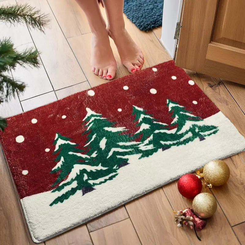 VIKAMA Christmas Snow Scene Bath Mat Red White Tree Non Slip Absorbent Bathroom Rug For Shower Tub Toilet Winter Decor