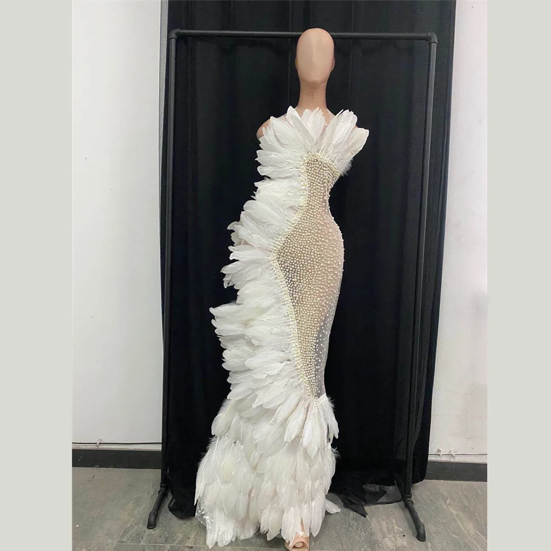 

Sexy Outfits Off Shoulder Celebrate Dress Women Stage Wear Feather Solid Color Evening Party Dress Sleeveless Maxi Dress