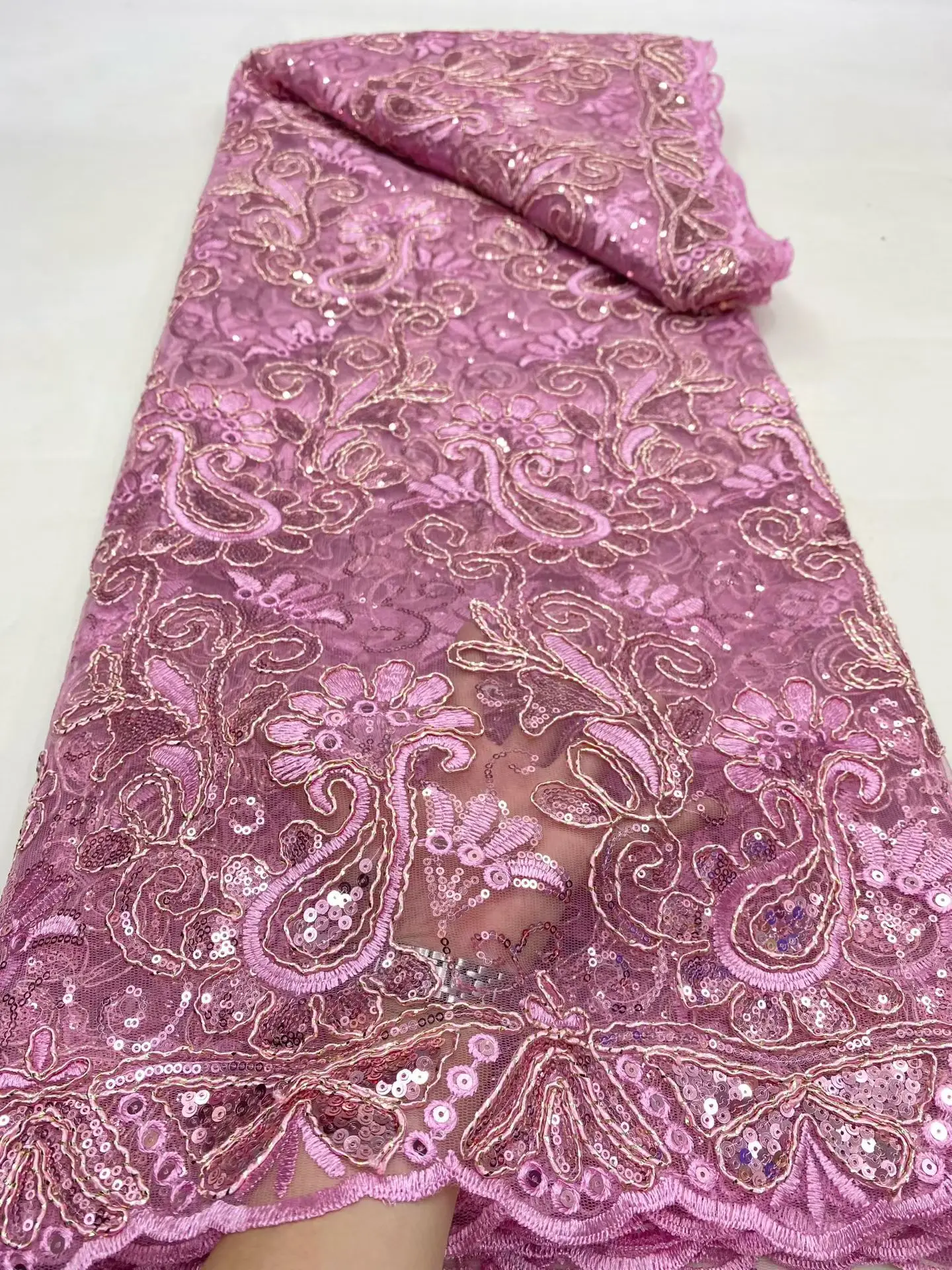 

2025 African Nigerian High-Quality Sequins Tulle Lace Fabric for Prom Dresses Beads Embroidery Sewing Net Cloth 5Yard DP0465