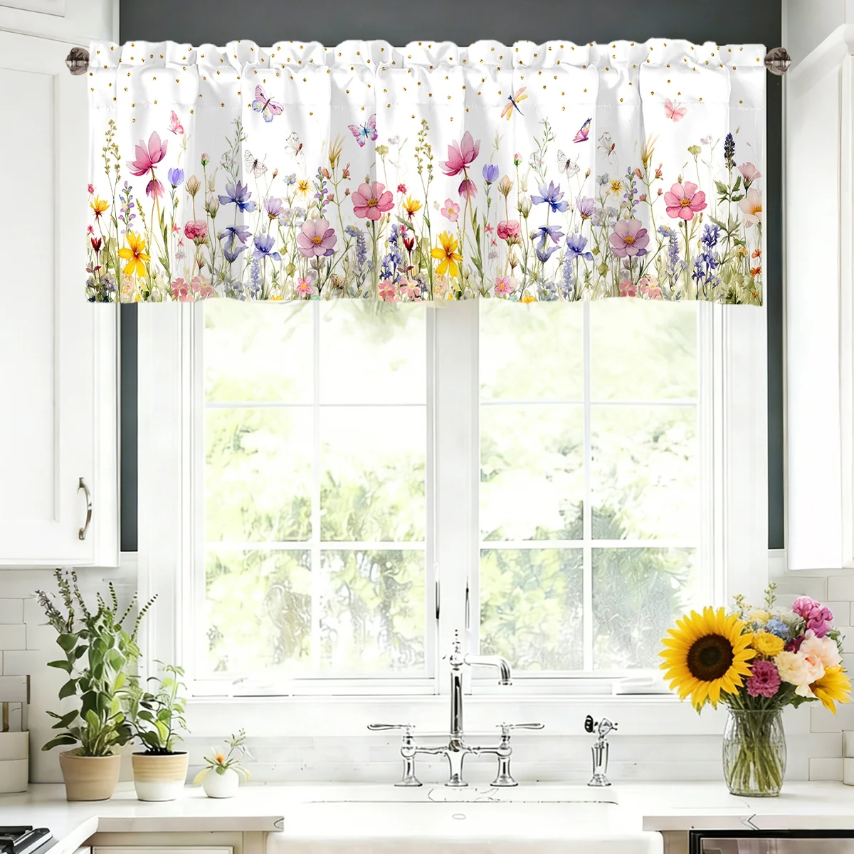 Botanical Window Short Curtain Vintage Spring Flower Ins Valance Eucalyptus Leaves Farmhouse Short Topper Living Room Home Decor