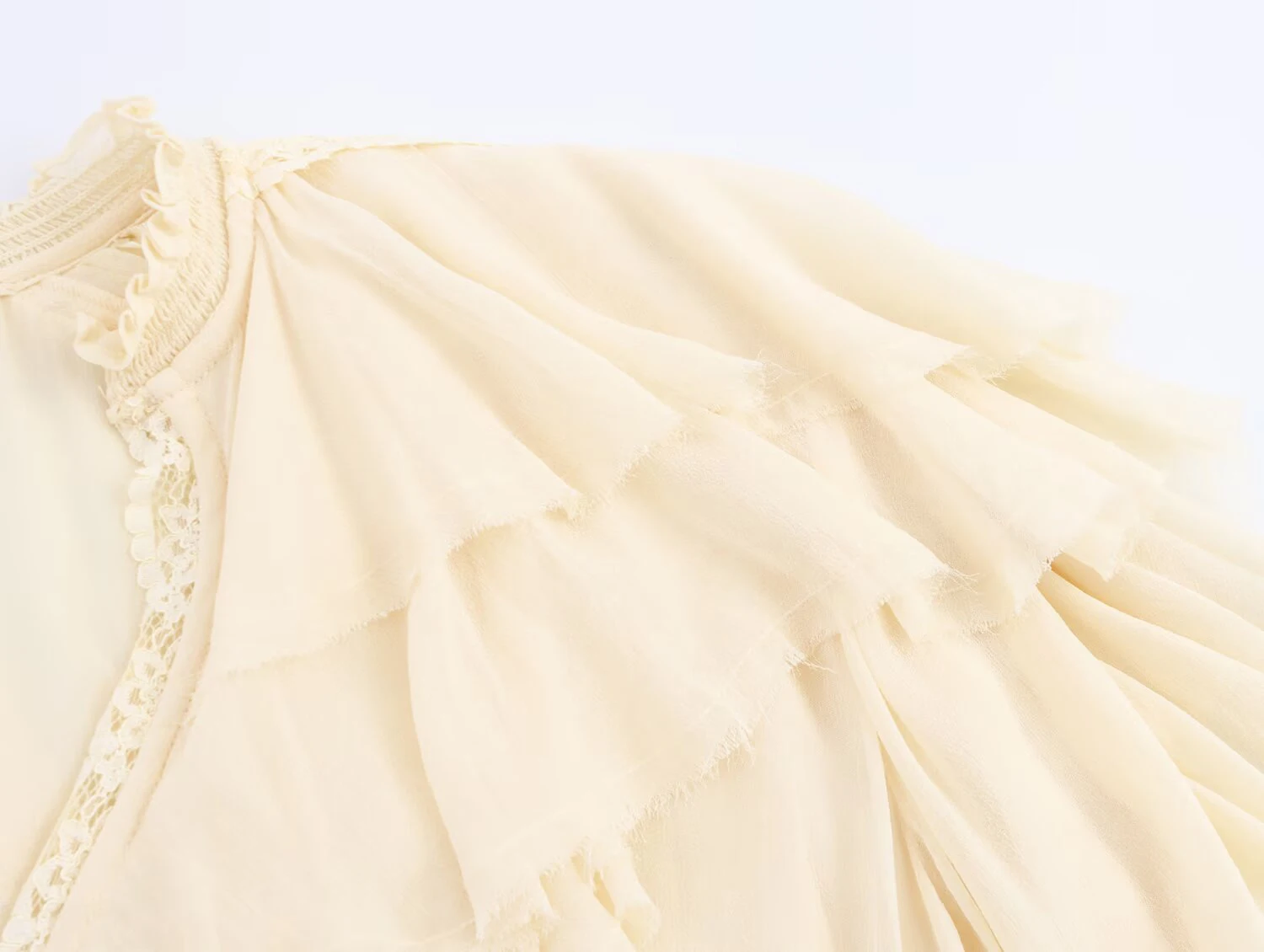 قميص ZEAINS بيج فرنسي برقبة على شكل حرف V من الدانتيل وكشكش على طراز المحكمة من الشيفون بأكمام طويلة للنساء في الخريف #4