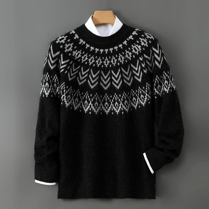 New 2025 Autumn/Winter Retro Jacquard Men's Round Neck 100% Wool Sweater Casual Color blocked Knitted Men's Full Sleeve pullover