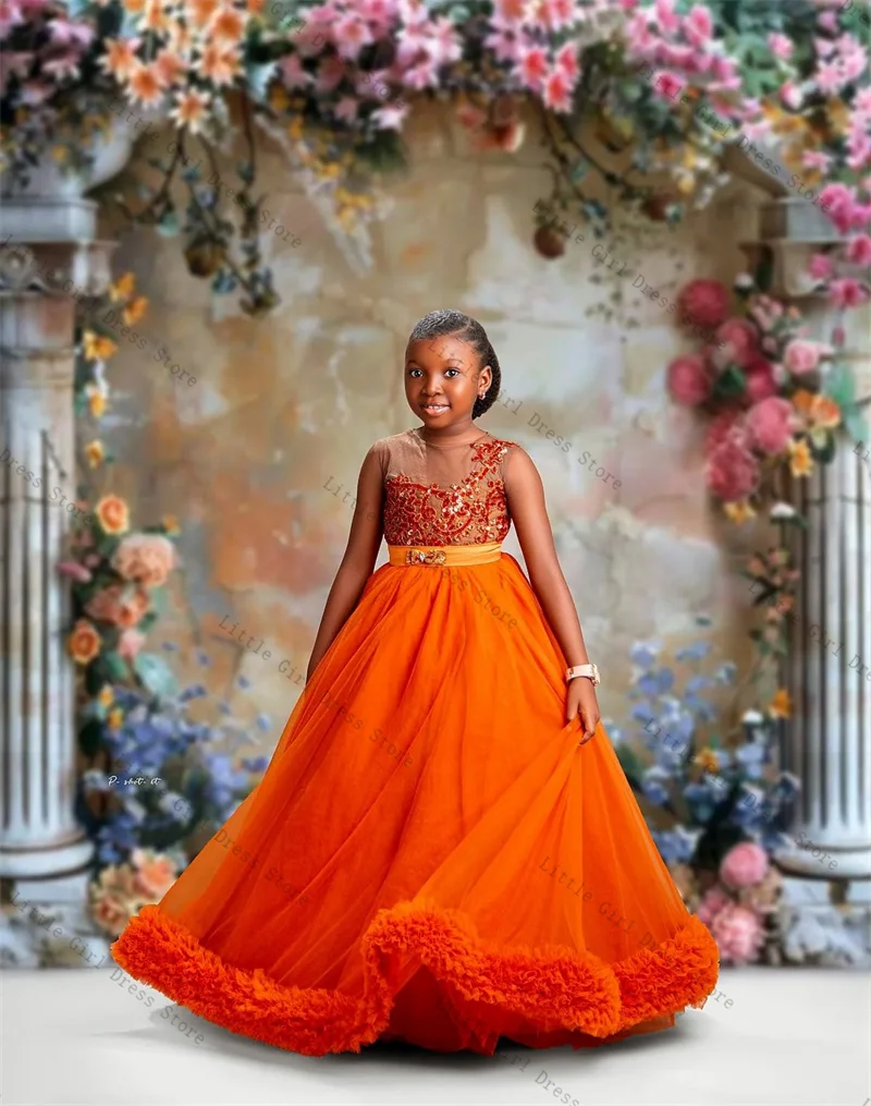 

Orange Shiny Princess Flower Girl Dress Sexy Sleeveless Stone Crystal Wedding Gown Kids Birthday Party Pageant Ball Gown Dresses