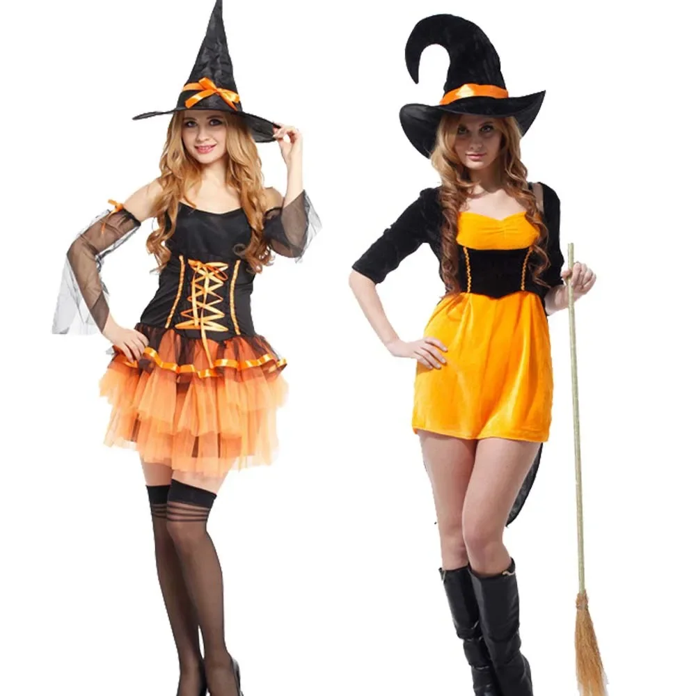 Halloween Witch Costumes with Hat Broom for Women Adult Fantasy Vampire Witch Dress Up Carnival Party Dress