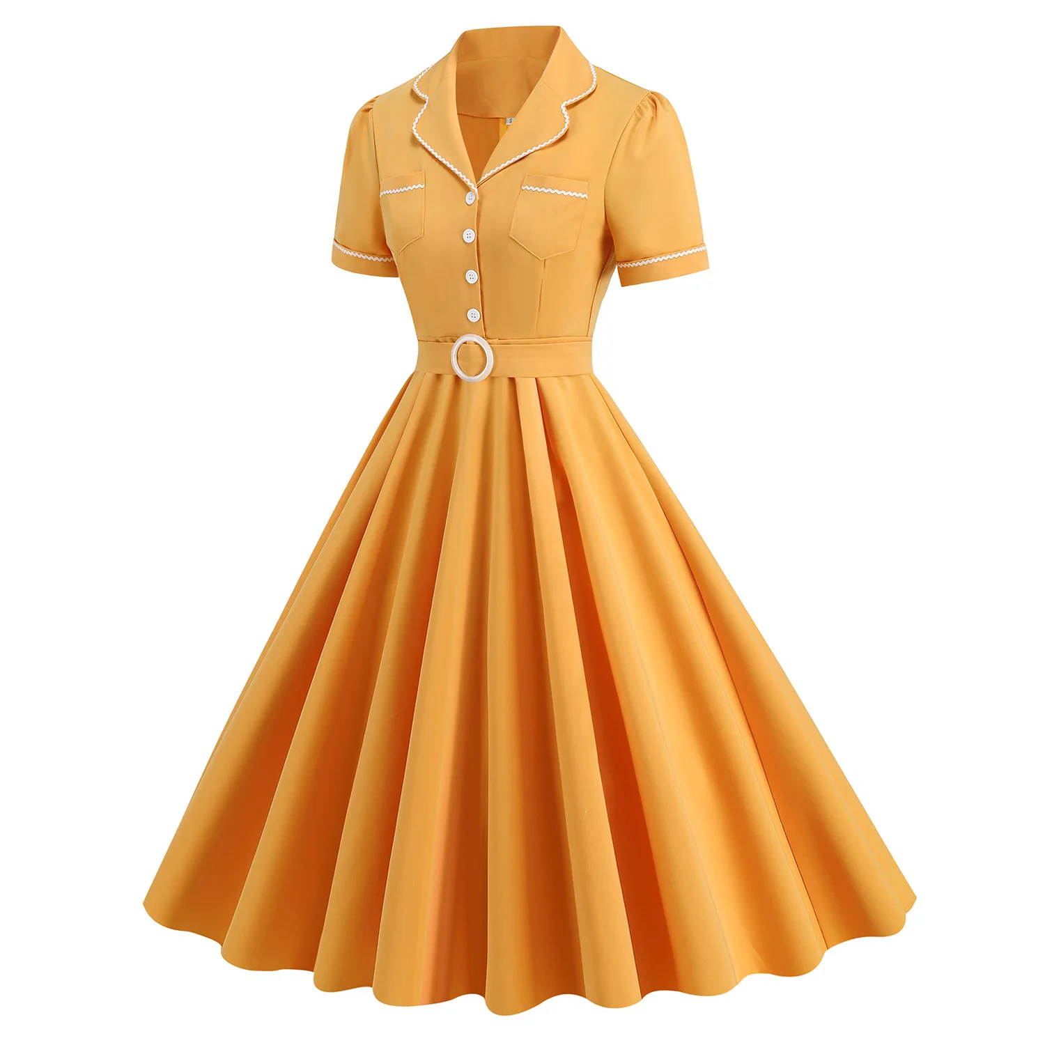 40s 50s Vintage Notched Collar Button Front Cocktail Tea Party Dress Women Color Blocking Belted Waist Rockabilly Swing Dresses