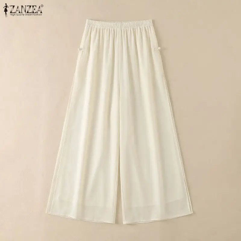 Summer Chiffon Patchwork Trousers 2026 ZANZEA Women Wide Leg Pants Female OL Work  Pantalon Casual Elastic Waist Long Palazzo