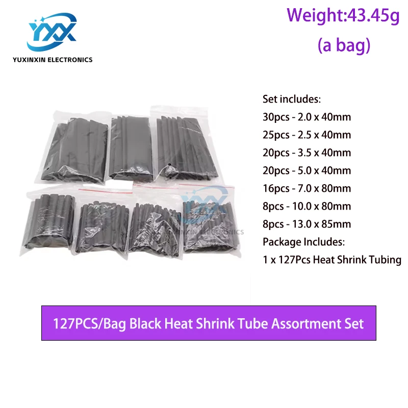 127Pcs/Bag Black Polyolefin Heat Shrink Tube Sleeving Tubing Electrical Wire Wrap Cable Waterproof Shrinkage 2:1 Assortment Kit
