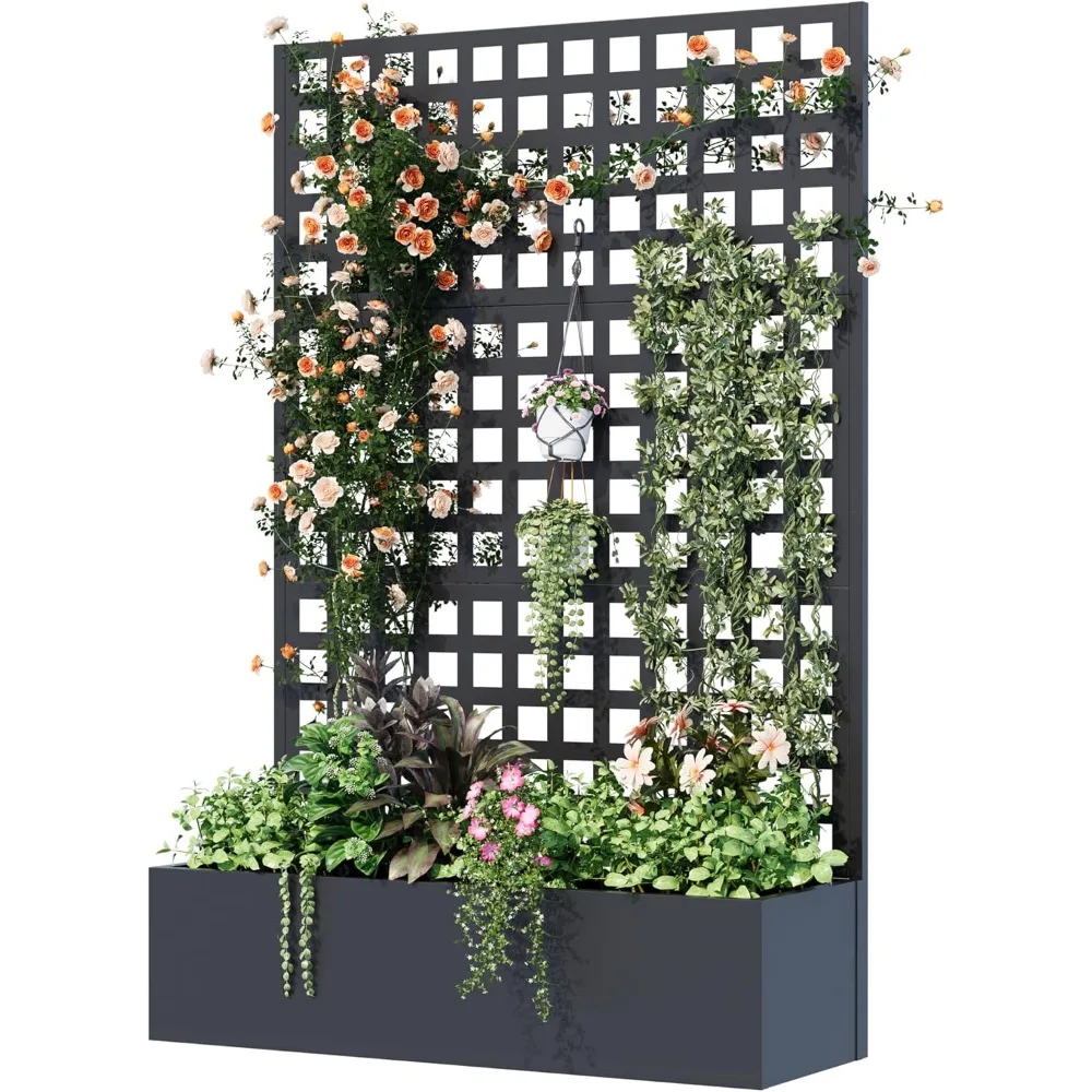 

Metal Planter Box with Trellis, 71"x 47"x 16" Raised Garden Bed with Trellis, Planter Box Trellis with Privacy Screen and Draina