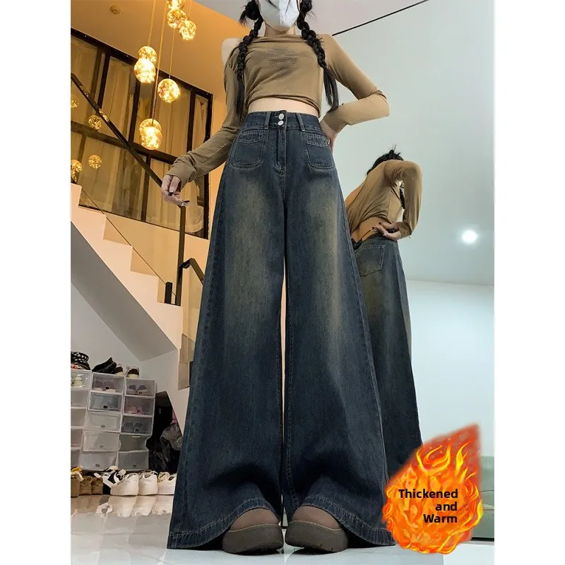 

Fleece Lined Wide Leg High Waist Denim Jeans Women's Winter Loose Fit Floor Length Pants Vintage Style Cotton Stretch Fabric