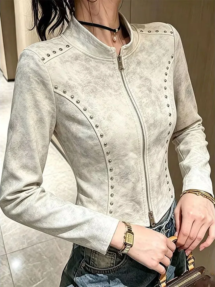 Women American Tie Dye Rivet Stand Collar Slim Long Sleeve Zip Up Cardigan Cool Irregular Hem Jacket Autumn Trendy Top