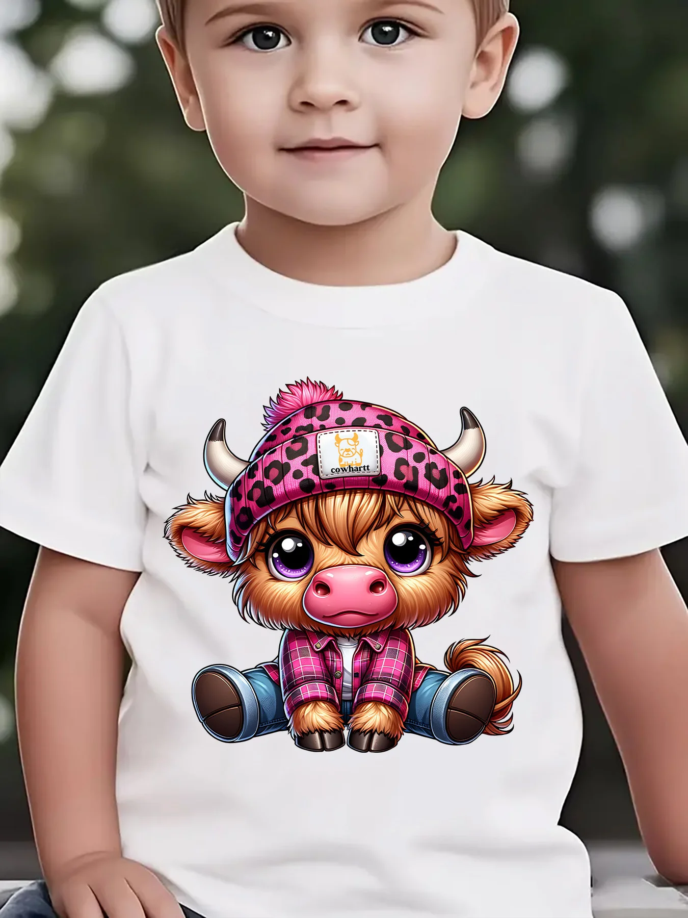 Kids Boys Girls Family Matching T Shirt Cute Highland Cow Pink Beanie Plaid Outfit Cartoon Print Short Sleeve Tee Casual Tops
