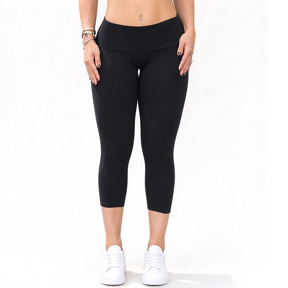 Bum Fold-over Capris Sport Leggings Women High Waist Yoga Capris Tights Slim Fit Mid Length Running Sports Pants For Women Yoga