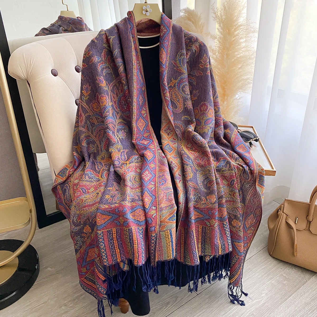 Luxury Women's Cashmere Winter Scarf - Embroidered Printed Shawl with Tassels Chunky Headscarf & Pareo Cape
