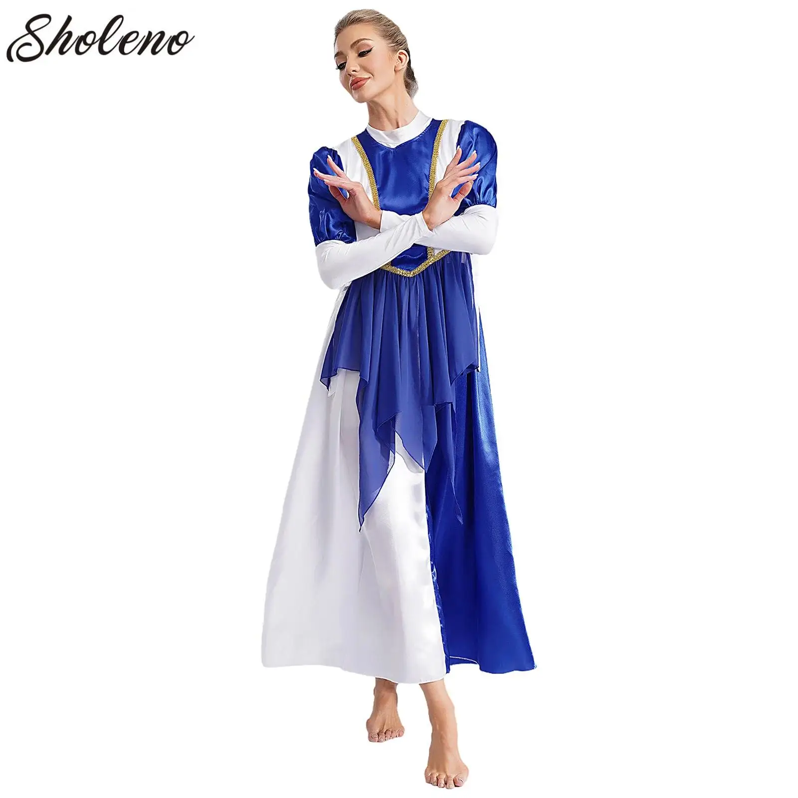 

Womens Long Sleeve Worship Church Dance Dress Outfit and Sides Split Lace-up Irregular Praise Dance Tunic
