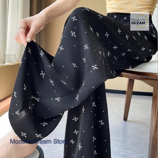 Spodnie damskie z szerokimi nogawkami z lodowego jedwabiu w stylu koreańskim z nadrukiem BlackBowKnot, nowa letnia kolekcja, wysoki stan, cienkie, codzienne, uniwersalne spodnie proste.