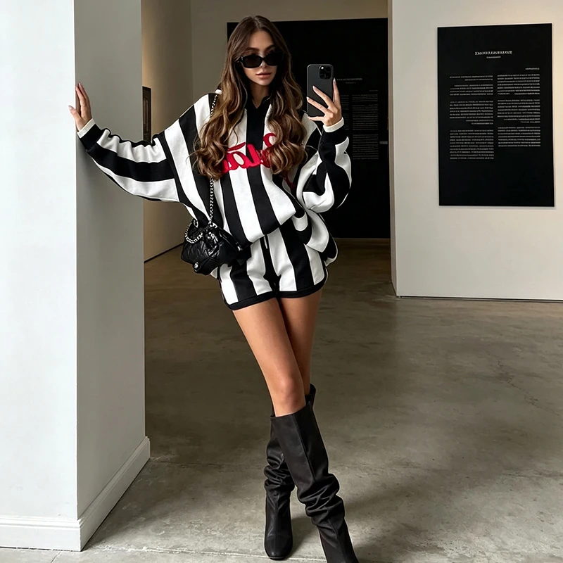 Sweet Fall Winter Knitted Co‑ord Set Vertical Stripe Oversized Sweater And High Waist Shorts Women Y2k Street Matching Outfit