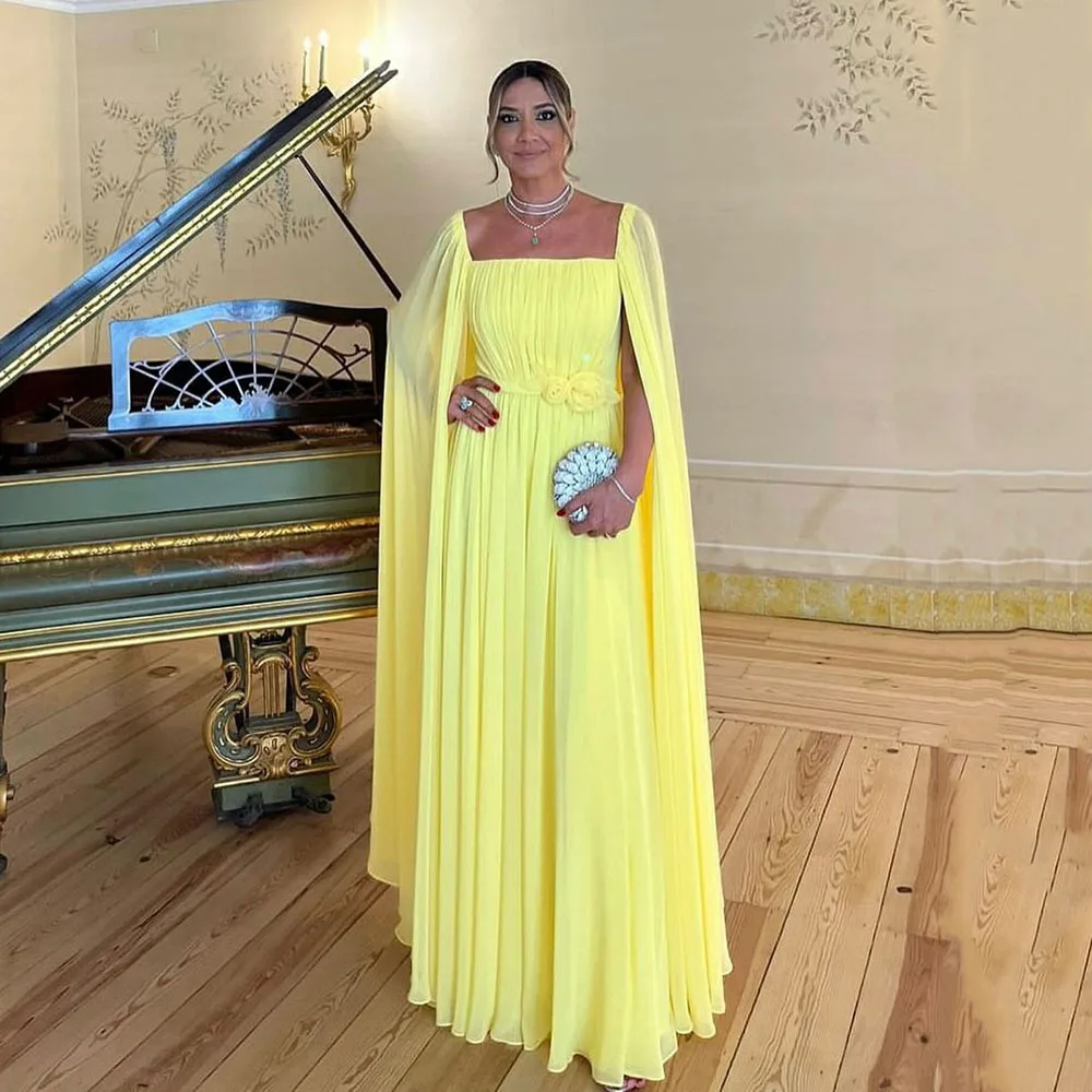 

Msikoods Yellow Women's Evening Dress Chiffon Pleats Cape Sleeves Brides Engagement Dress Long Prom Gown Long Formal Dress