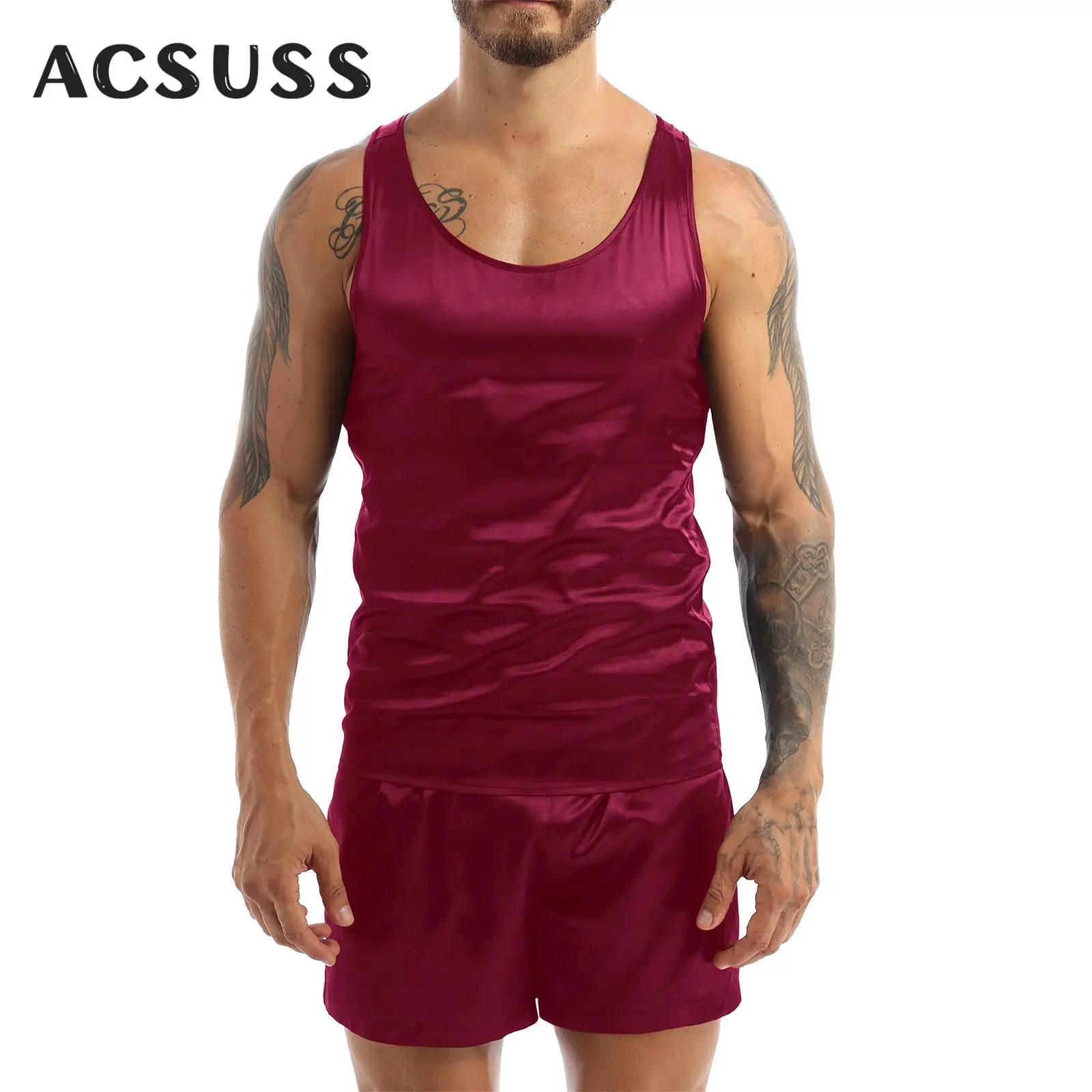 

Male Men Satin Pajamas Set Nightwear Solid Sleeveless Tank Top Shirt with Boxer Shorts Sleepwear Nightgown Homewear for Summer