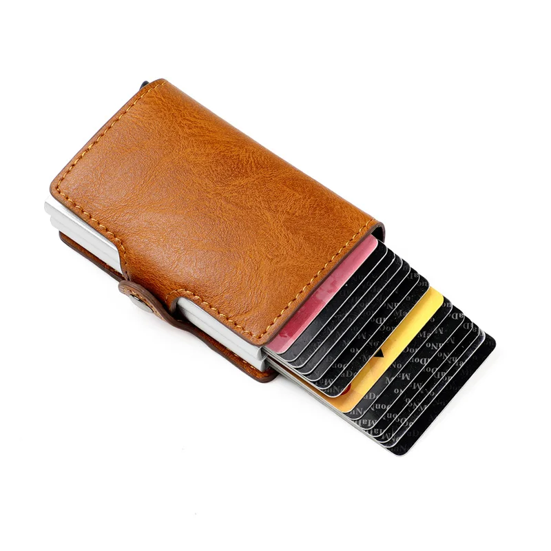 Anti-theft Brush Aluminum Box Card Holder with Snap PU Leather Multi-card Slot Money Clip Automatically Pop Up Credit Card Cover