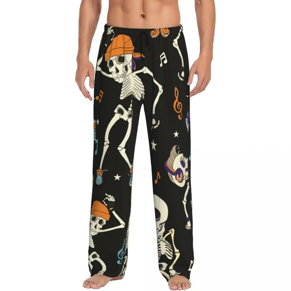 Custom Printed Men's Pajama Pants Dancing Skeletons Headphones Sleepwear Sleep Lounge Bottoms with Pockets