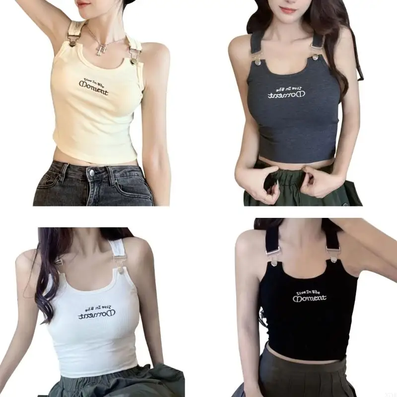 Womens Summer Metal Buckle Straps Ribbed Crop Top Sleeveless Letter Embroidery Racerback Cami Vest with Shelf Bras N7YE