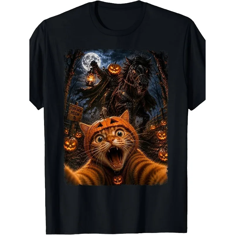 Men's Plus Size Fun Halloween Selfie Cat Knight Pumpkin Moonlit T-shirt Suitable for All Seasons, Unisex Casual T-shirt